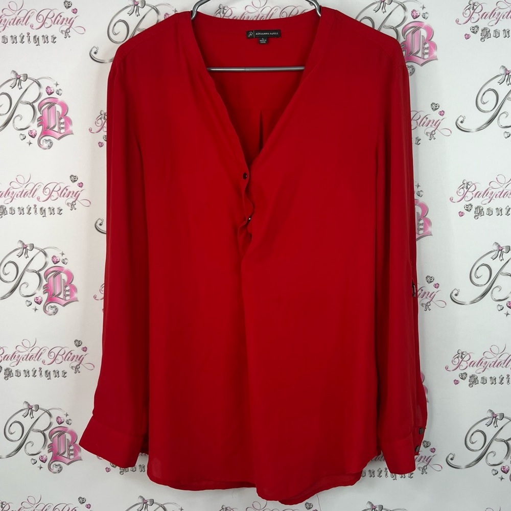 Adrianna Papell long sleeve bright Vibrant Red Blouse silver details buttons